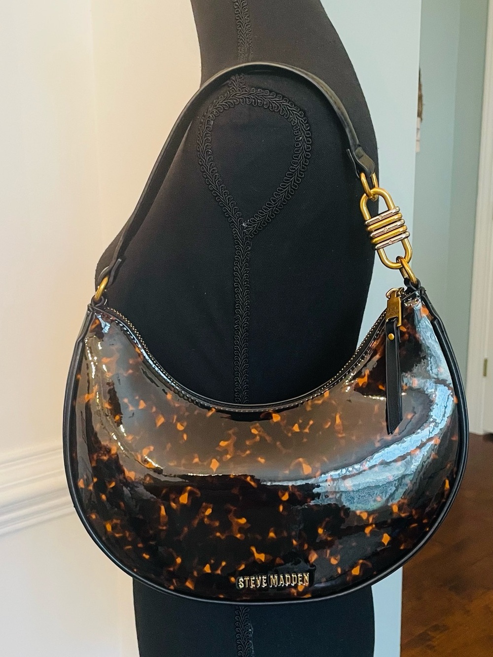 Steve Madden Tortoiseshell Crescent Shoulder Bag with Gold Hardware